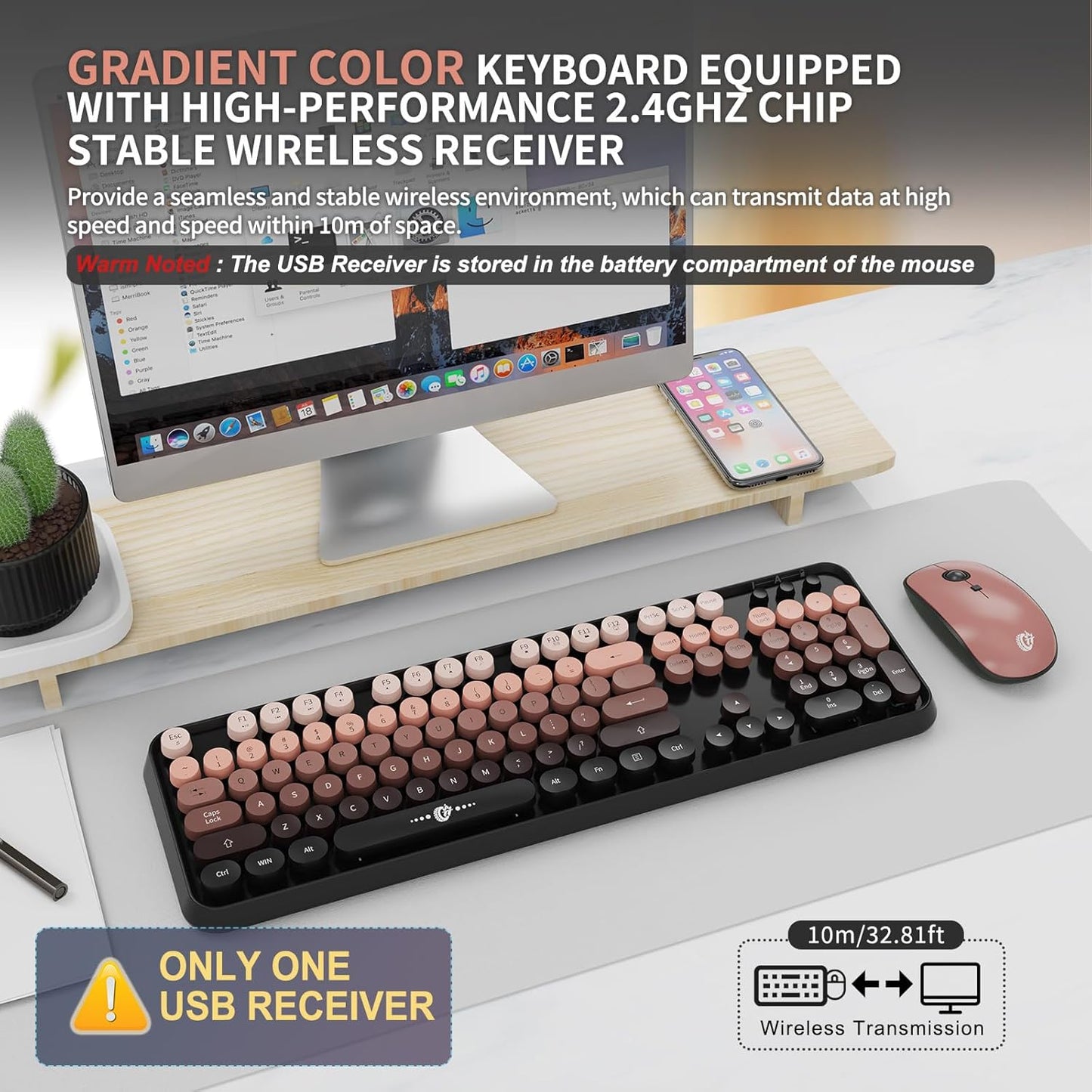 Wireless Keyboard and Mouse Combo, 104 Round Keys Cute Colorful Keyboard and Mouse with Retro Typewriter for PC/Mac/Laptop/Tablet/Computer/Windows Black