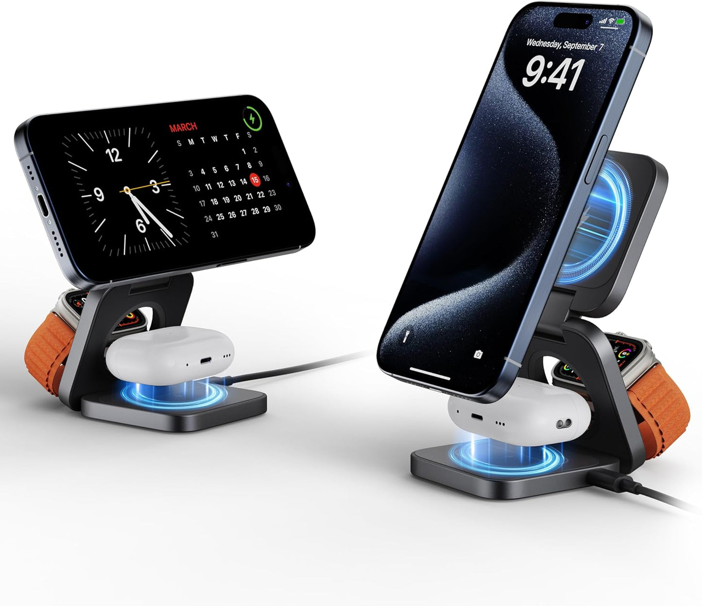 3-in-1 Wireless Charger Stand, LULULOOK 15W Magnetic Charger Wireless Fast Charging Station for iPhone 16/15/14 Series, Aluminum 5W Charger for Apple Watch, AirPods, USB-C Charging Cable Included