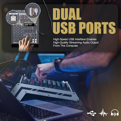 Professional Audio Mixer 4 Channel Sound Board Console System 99 DSP DJ Mixer 48V Phantom for Karaoke DJ Studio Streaming Recording