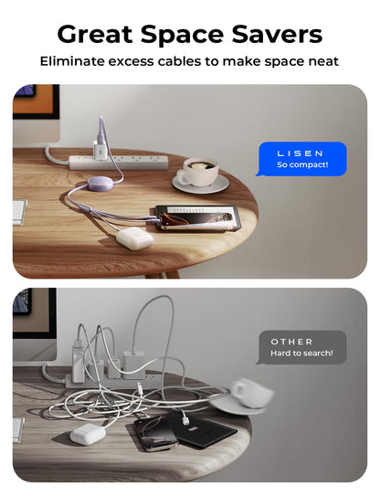 LISEN 3 in 1 Retractable Car & iPhone Charger Cord, Type C/L/Micro USB for iPhone/Samsung/PS/Kindle, Purple