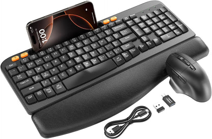 Wireless Keyboard and Mouse Combo, Ergonomic Wave Keys, Cushioned Plam Rest, Rechargeable, Phone Holder, Natural Typing, 2.4G Lag-Free, Full Size Keyboards Cordless Set for Windows/Mac -SABLUTE