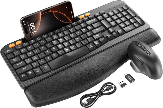 Wireless Keyboard and Mouse Combo, Ergonomic Wave Keys, Cushioned Plam Rest, Rechargeable, Phone Holder, Natural Typing, 2.4G Lag-Free, Full Size Keyboards Cordless Set for Windows/Mac -SABLUTE