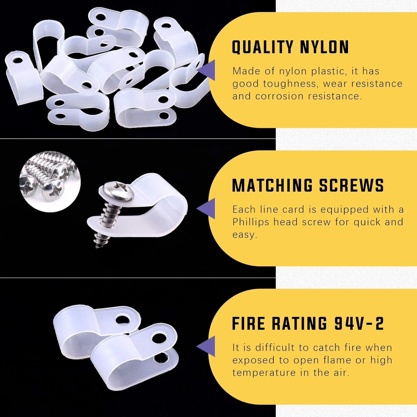 Swpeet 120 Pack White 3/8 Inch Nylon Plastic R-Type Cable Clips Clamp Kit, Nylon Screw Mounting Cord Fastener Clips with 120 Pack Screws for Wire Management (3/8 Inch, White)