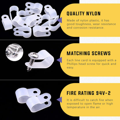 Swpeet 120 Pack White 3/8 Inch Nylon Plastic R-Type Cable Clips Clamp Kit, Nylon Screw Mounting Cord Fastener Clips with 120 Pack Screws for Wire Management (3/8 Inch, White)