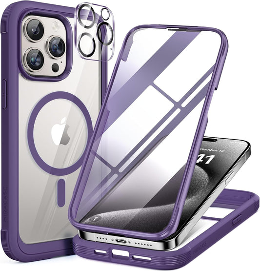 Miracase Magnetic for iPhone 15 Pro Case [Compatible with MagSafe] Full-Body Bumper Phone case with Built-in Glass Screen Protector& Camera Protector, Military Drop Proof 15 Pro Cover, Magnetic Purple