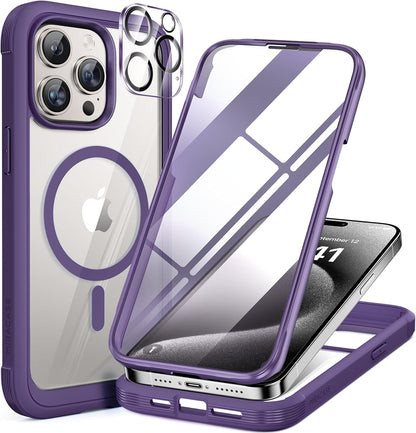 Miracase Magnetic for iPhone 15 Pro Max Case 6.7'' [Compatible with Magsafe] Full-Body Drop Proof Phone Case for iPhone 15 ProMax with Built-in 9H Tempered Glass Screen Protector,Magnetic Purple