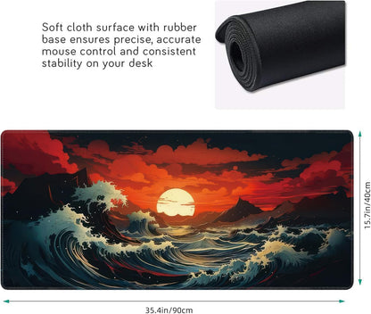 Japanese Sea Wave Large Mouse Pad,Gaming Keyboard Desk Pad,Extended Mouse Mat Non-Slip Rubber Base with Stitched Edges for Office Game Home XXL 35.4"x15.7"