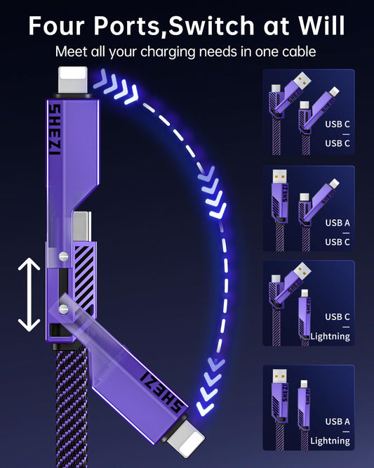 SHEZI [Upgraded 2.0] 4-in-1 Long USB C Cable 60W 10FT Fast Charging [480Mbps Data Sync] Flat Nylon Braided Charger Cord Combo, USB A/C to C/L Multi Charge Cable for iPhone/iPad & Most Devices, Purple