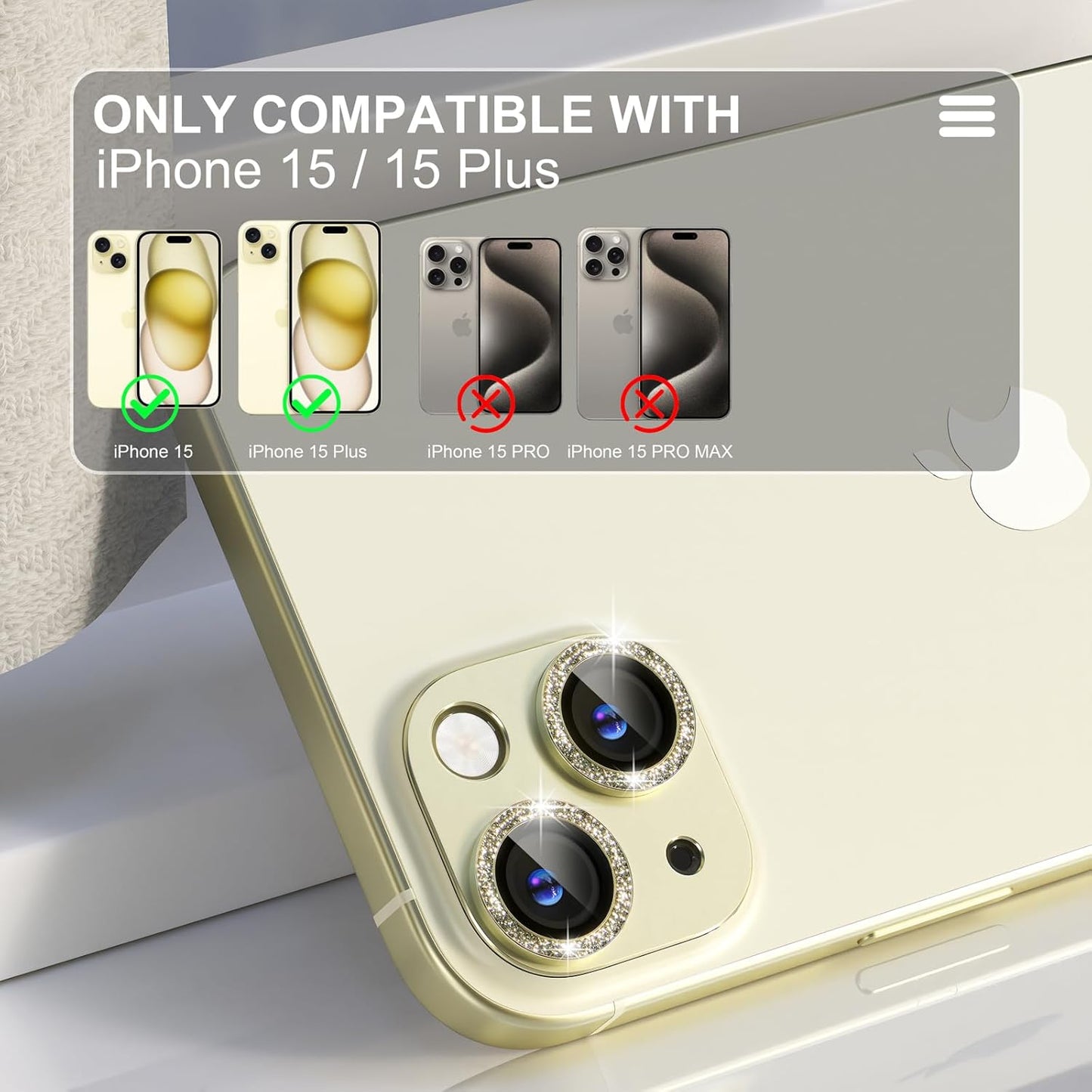 beuxece for iPhone 15/iPhone 15Plus Camera Lens Proprotector, Metal Camera Screen Proprotector Cover Accessories, Case Friendly, HD Tempered Glass,Drop Protection, Easy to Install,Yellow