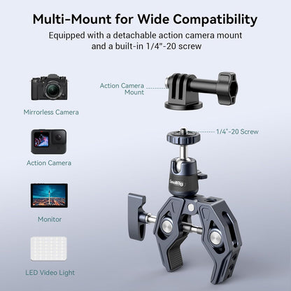 SMALLRIG Camera Mount Clamp, Gopro Motorcycle and Bike Handlebar Mount Kit, Super Clamp for DSLR, Action Camera, Gopro, Insta360, LED Light, Monitor, Max Load 3.5KG