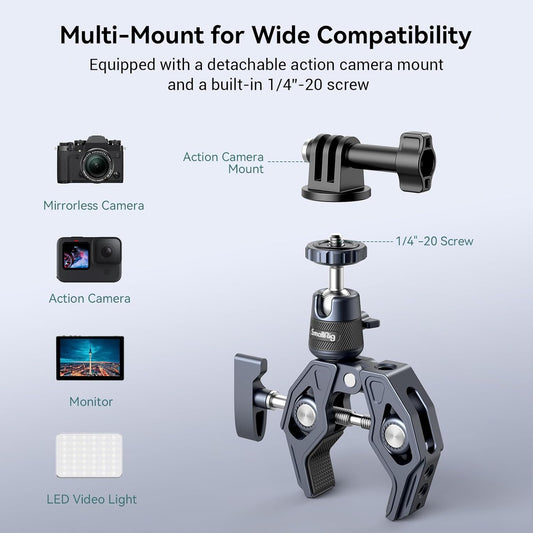 SMALLRIG Camera Mount Clamp, Gopro Motorcycle and Bike Handlebar Mount Kit, Super Clamp for DSLR, Action Camera, Gopro, Insta360, LED Light, Monitor, Max Load 3.5KG