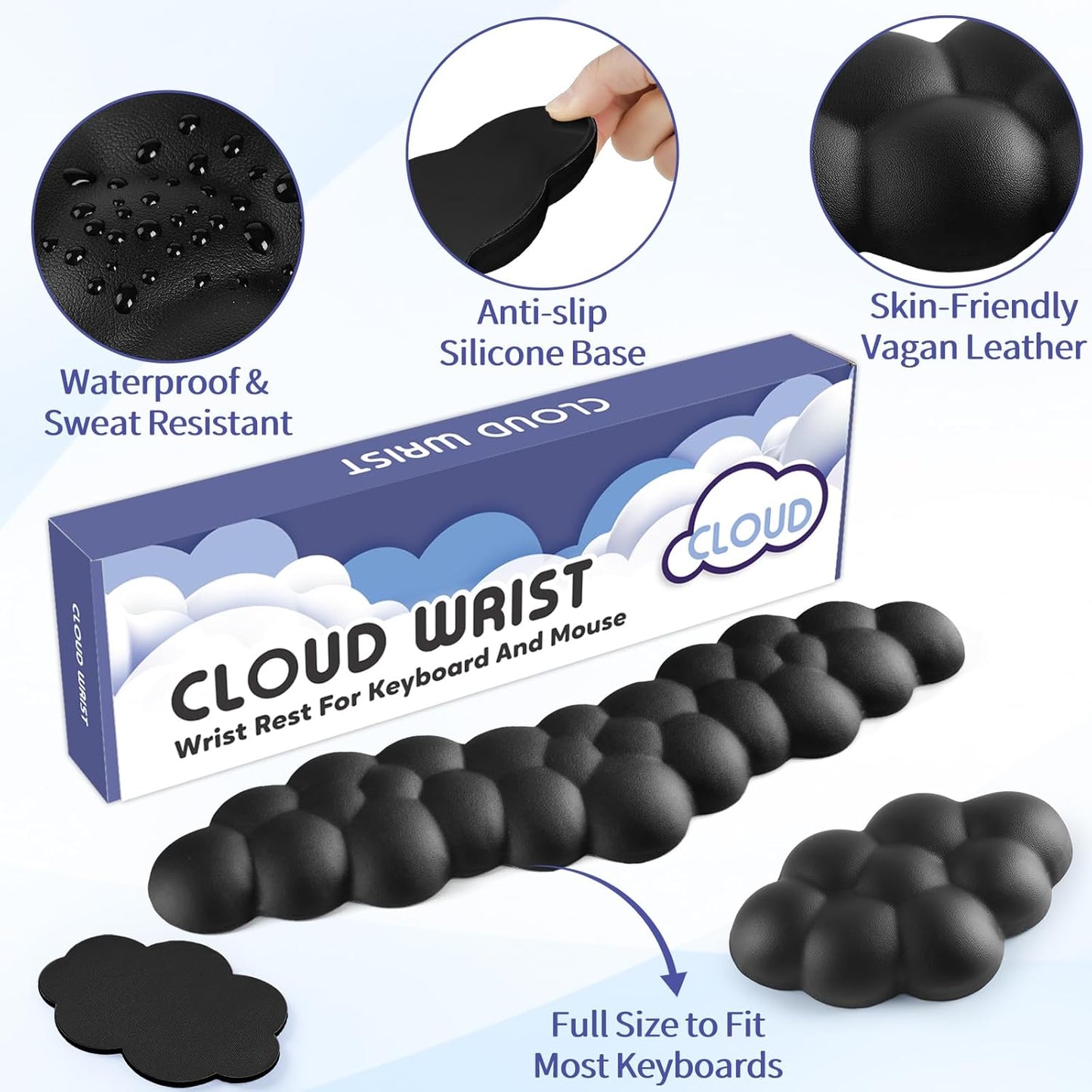 Cloud Wrist Rest for Keyboard and Mouse, Memory Foam PU Leather Keyboard Wrist Rest with Ergonomic Support, Non-Slip Base, Cute Arm Rest Pad & Palm Cushion, Office Desk Accessory, Black