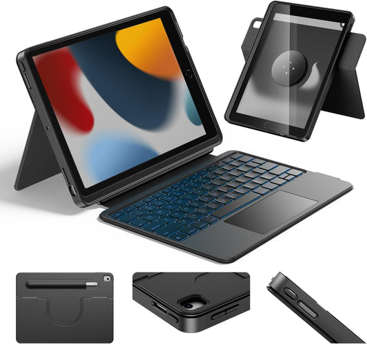 HOU iPad 9th Generation Case with Keyboard(8th/7th gen),iPad Air 3 & Pro 10.5" 360° Rotatable&Detachable Combo,Ultra-Silent Keys,7-Color Backlit,50H Battery,Lightweight Cover,Portrait/Landscape,Black
