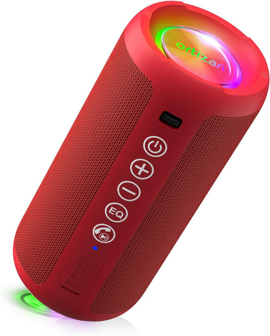 Ortizan Portable Bluetooth Speaker: IPX7 Waterproof, 24W Loud Sound, Deep Bass, Bluetooth 5.3, LED Lights, Wireless Stereo Pairing, 30H Playtime, for Home/Outdoor/Party/Beach, Birthday Gift (Red)