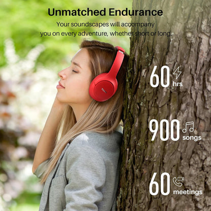 TOZO HT2 Hybrid Active Noise Cancelling Headphones, Wireless Over Ear Bluetooth Headset, 60H Playtime, Hi-Res Audio Custom EQ via App Deep Bass Comfort Fit Ear Cups, for Home Office Travel Red
