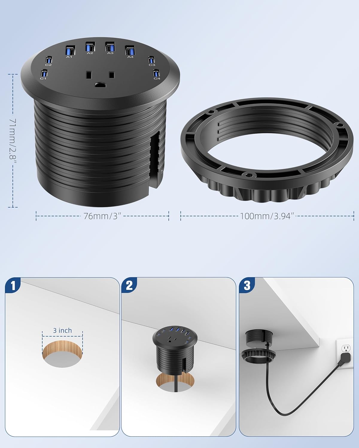 Jgstkcity 65W USB-C Hidden Desktop Power Grommet: 1 AC Outlet,8 USB Charging Ports,3'' Hole Flush Mount Pop-Up Power for Conference Tables & Nightstands (Black, 6 FT - 2PCS)