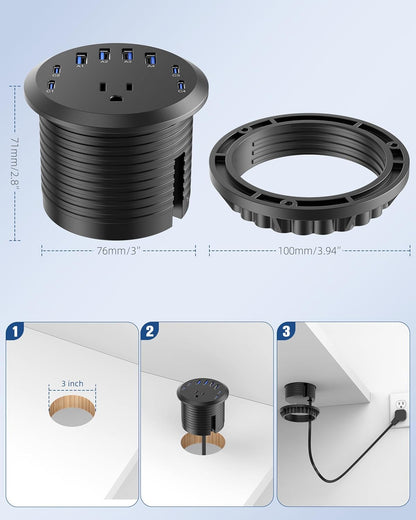 Jgstkcity 65W USB-C Hidden Desktop Power Grommet: 1 AC Outlet,8 USB Charging Ports,3'' Hole Flush Mount Pop-Up Power for Conference Tables & Nightstands (Black, 6 FT - 2PCS)