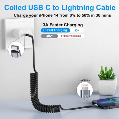 USB C to Lightning Cable 3FT 2Pack, Coiled iPhone Charger Fast Charging for Car [Apple MFi Certified] Short USBC iPhone Cord Compatible with iPhone14/13/12/11 Pro Max/XS MAX/8/Plus/iPad/CarPlay