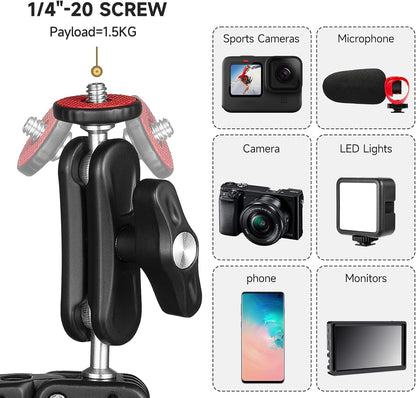 MINIFOCUS Super Clamp Camera Clamp Mount, 360° Ballhead Magic Arm with 1/4" 3/8" Port Extension Holder Adapter, Double Ball Head Adapter for Canon Nikon DSLR GoPro Action Camera Video Light