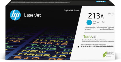 HP 213A Cyan Original LaserJet Toner Cartridge, W2131A. Works with HP LaserJet Enterprise 5700, 5800, 6700, 6701, 6800, 6801