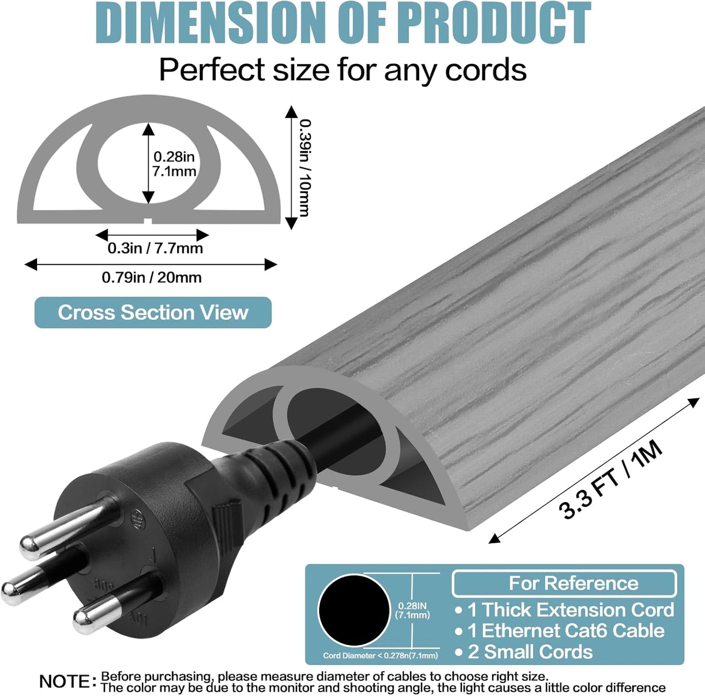 Floor Cord Cover Self Adhesive Cord Hider,3.3FT Cable Management, Extension Strip Protector for Wires, Prevent Cable Trips for Offices, Gyms, Exhibitions Cavity:0.3"(W) x 0.28"(H) Gray Wood