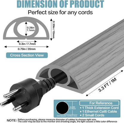 Floor Cord Cover Self Adhesive Cord Hider,3.3FT Cable Management, Extension Strip Protector for Wires, Prevent Cable Trips for Offices, Gyms, Exhibitions Cavity:0.3"(W) x 0.28"(H) Gray Wood