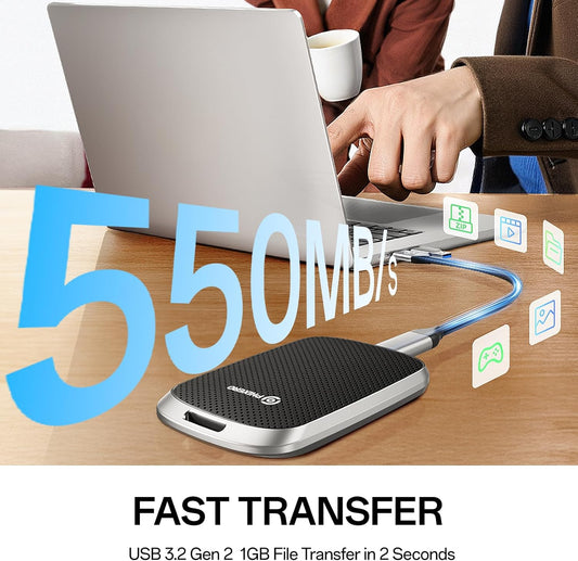 PHIXERO P5PLUS Portable SSD 512GB Up to 550MB/s, USB 3.2 Gen 2 External Solid State Drive，USB C to C&A for Smartphone，Tablet，PC，Labtop (Black)