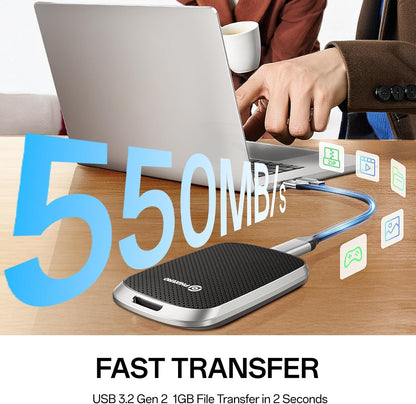 PHIXERO P5PLUS Portable SSD 256GB Up to 550MB/s, USB 3.2 Gen 2 External Solid State Drive，USB C to C&A for Smartphone，Tablet，PC，Labtop (Black)