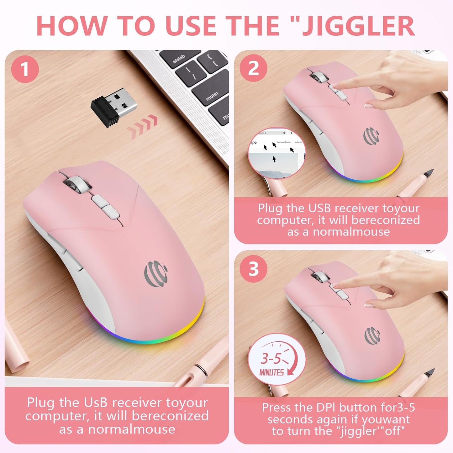 Wireless Bluetooth Mouse, 2.4G and Bluetooth 5.2 Ergonomic Rechargeable USB Optical Mouse, 3 Adjustment DPI， 1600 DPI Dual Mode Silent Wireless Mouse for Mac，Laptop, PC, Windows. (Pink)