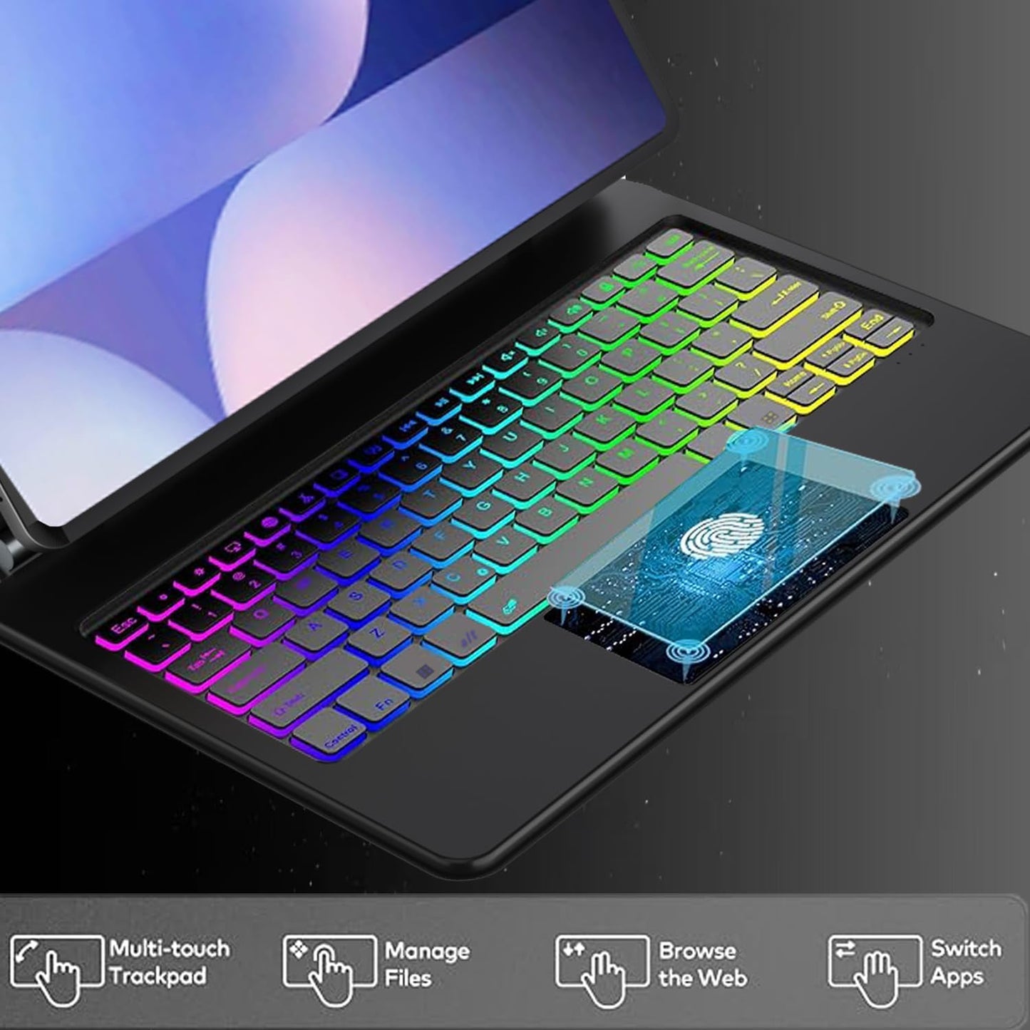 Magic Keyboard Case for Samsung Galaxy Tab S10+ Plus/S9+ Plus/S9 FE+ Plus/S8+ Plus/S7+ Plus/S7 FE 12.4 Inch, Rainbow Color Backlit Keyboard - Multi-Touch Trackpad - Floating Cantilever Stand, Black