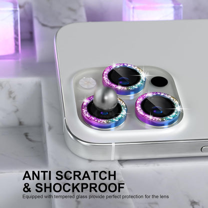 Choiche Compatible for iPhone 16 Pro/iPhone 16 Pro Max Camera Lens Protector Bling, 9H Tempered Glass Camera Cover Screen Protector Metal Ring Decoration Accessories (Glitter-Colorful)