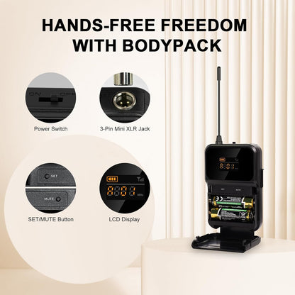 4-Channel Wireless Microphone System,UHF Cordless Mic Set w/ 4x10 Frequencies, 200ft, 2 Handheld Dynamic Mics, 2 Bodypacks & Headset/Lapel Microphones for Singing, Karaoke, DJ (MWM-41-2H2B)