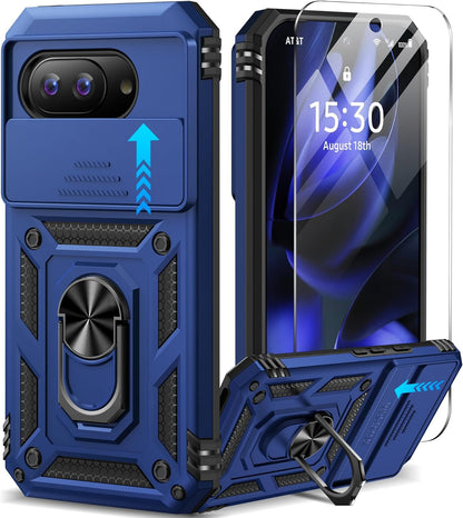 Taisairu for Google Pixel 9A Case with Screen Protector & Slide Camera Lens Cover,Built-in 360°Rotate Magnetic Ring Stand Shockproof Protective Phone Case for Google Pixel 9A Case (Blue)