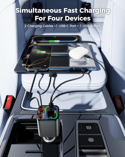 Retractable Car Charger 84W, 4-in-1 Fast Car Charger with Retractables 2.6ft, Cigarette Lighter Charging Block USB+USB C Cube for iPhone 16 Pro MAX 15 14 13 12 Plus,Samsung Galaxy,Pixel