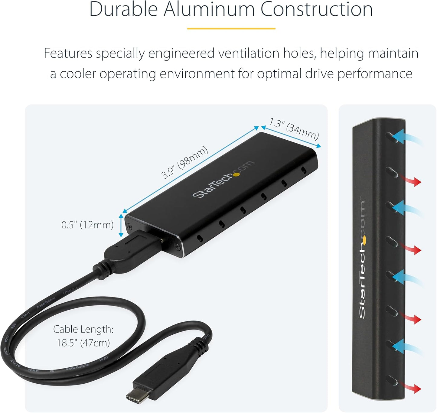 StarTech.com M.2 SSD Enclosure for M.2 SATA SSDs - USB 3.1 (10Gbps) with USB-C Cable - External Enclosure for USB-C Host - Aluminum, TAA (SM21BMU31C3)
