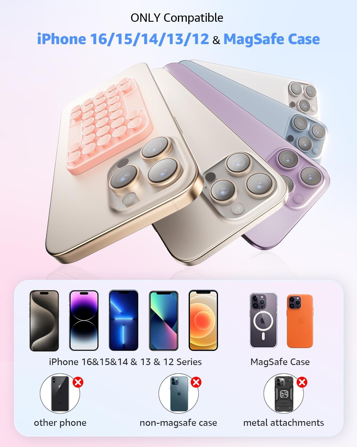 SUPERONE Magnetic Suction Phone Mount for MagSafe Case, Magnetic Silicone Sticky Phone Grip Holder for iPhone 16/15/14/13/12 Series, Hands-Free for Makeup/Selfie/Live Streaming/Vlog/TikTok - Clear