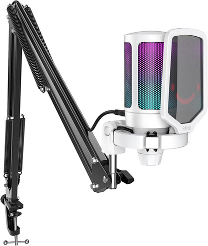 FIFINE Streaming Gaming USB Microphone Kit, PC Condenser RGB Mic Compatible with PS4/PS5, Plug and Play for Music Recording, Online Game, Discord, Twitch, with Pop Filter, Shock Mount-A6T White