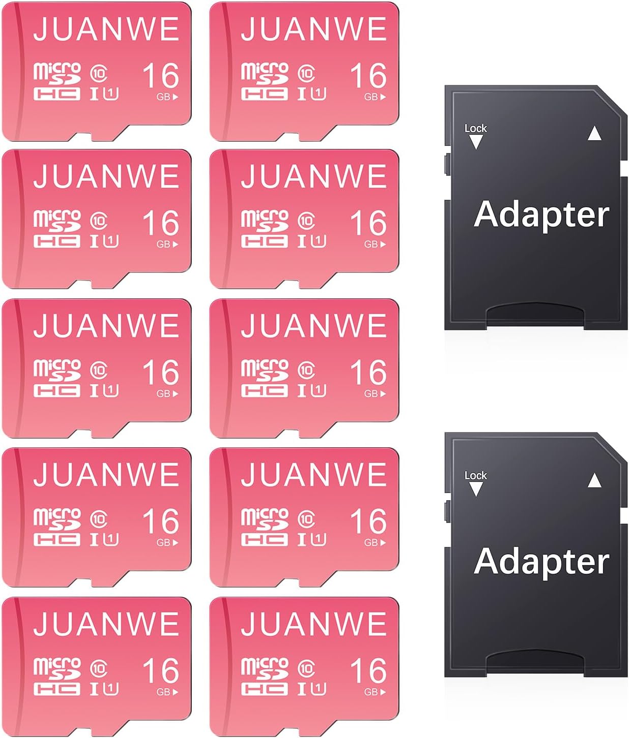 JUANWE 16GB Micro SD Card 10 Pack microSDHC Memory Card with SD Adapter, C10, U1,TF Card 16GB for Dash Cam, Security Camera, Pink
