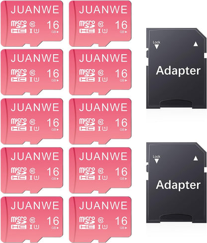 JUANWE 16GB Micro SD Card 10 Pack microSDHC Memory Card with SD Adapter, C10, U1,TF Card 16GB for Dash Cam, Security Camera, Pink