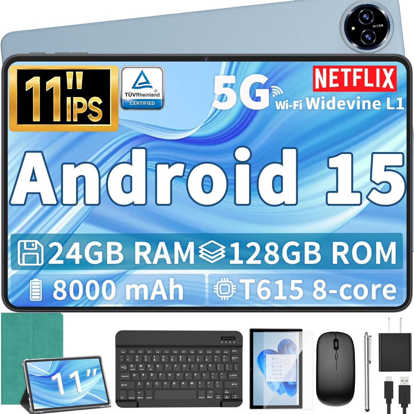 Android 15 Tablet, 11 inch Tablet with Keyboard, 24GB+128GB, 1TB Expand, Octa-Core, 2.4G/5G WiFi, 8000mAh, BT V5.0, GMS Certified, IPS Touch Screen, GPS, 2 in 1 with Case, Mouse, Stylus(Green)