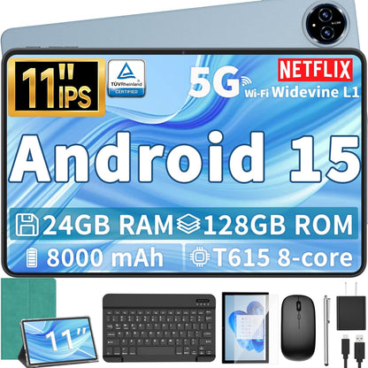Android 15 Tablet, 11 inch Tablet with Keyboard, 24GB+128GB, 1TB Expand, Octa-Core, 2.4G/5G WiFi, 8000mAh, BT V5.0, GMS Certified, IPS Touch Screen, GPS, 2 in 1 with Case, Mouse, Stylus(Green)