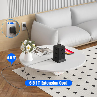 Power Strip Tower with Multiple Outlets, 6.5 Ft Extension Cord Flat Plug with 12 AC Outlets 4 USB Ports (2 USB C), Power Tower Surge Protector with Individual Switches for Home Office Dorm Room, Black