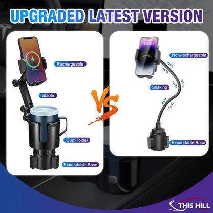 This Hill Cup Holder Phone Charger, 15W Fast Charging Auto Clamping, Phone Holder for Cup Holder Charger with Adjustable Base & 360° Rotation Compatible for All Smartphones(with Car Adapter)