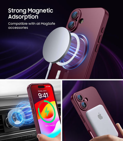 Magnetic for iPhone 16 Case [Compatible with MagSafe][Built-in Camera Lens Protector] Slim Soft Silicone Bumper Shockproof Metallic Luster Phone Case (Burgundy)