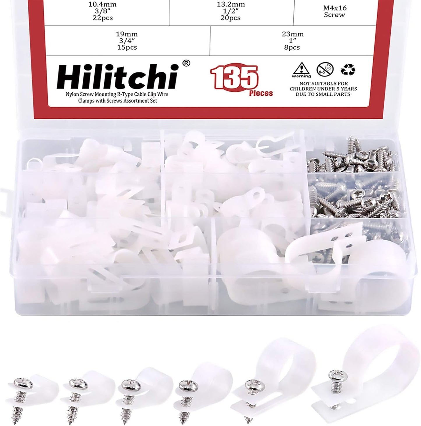 Hilitchi 135 Pcs 6 Sizes White Plastic Cable Clamp R Type Screw Mounting Cord Fastener Cable Clips Assortment Kit with Screws for Wire Management Cable Conduit (Clips from 6mm to 23mm)