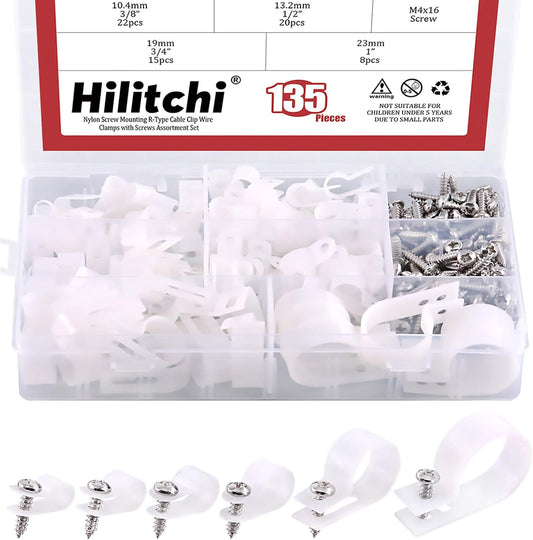 Hilitchi 135 Pcs 6 Sizes White Plastic Cable Clamp R Type Screw Mounting Cord Fastener Cable Clips Assortment Kit with Screws for Wire Management Cable Conduit (Clips from 6mm to 23mm)