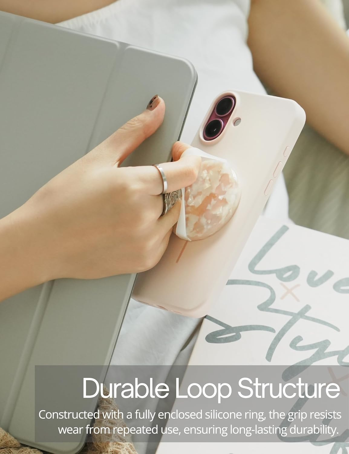 Heesch Magnetic Phone Grip for Back of Phone Light Pink Finger Strap for Phone Case Loopy Girly Loop Ring Holder for iPhone 16 Pro Max/15/14/13/12 Series Magsafe Case