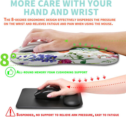 Ergonomic Mouse Pad Wrist Support with Memory Foam Massage Bulge, Carpal Tunnel Pain Relief Mousepad Wrist Rest for Mouse(12x8 inch, Flowers)