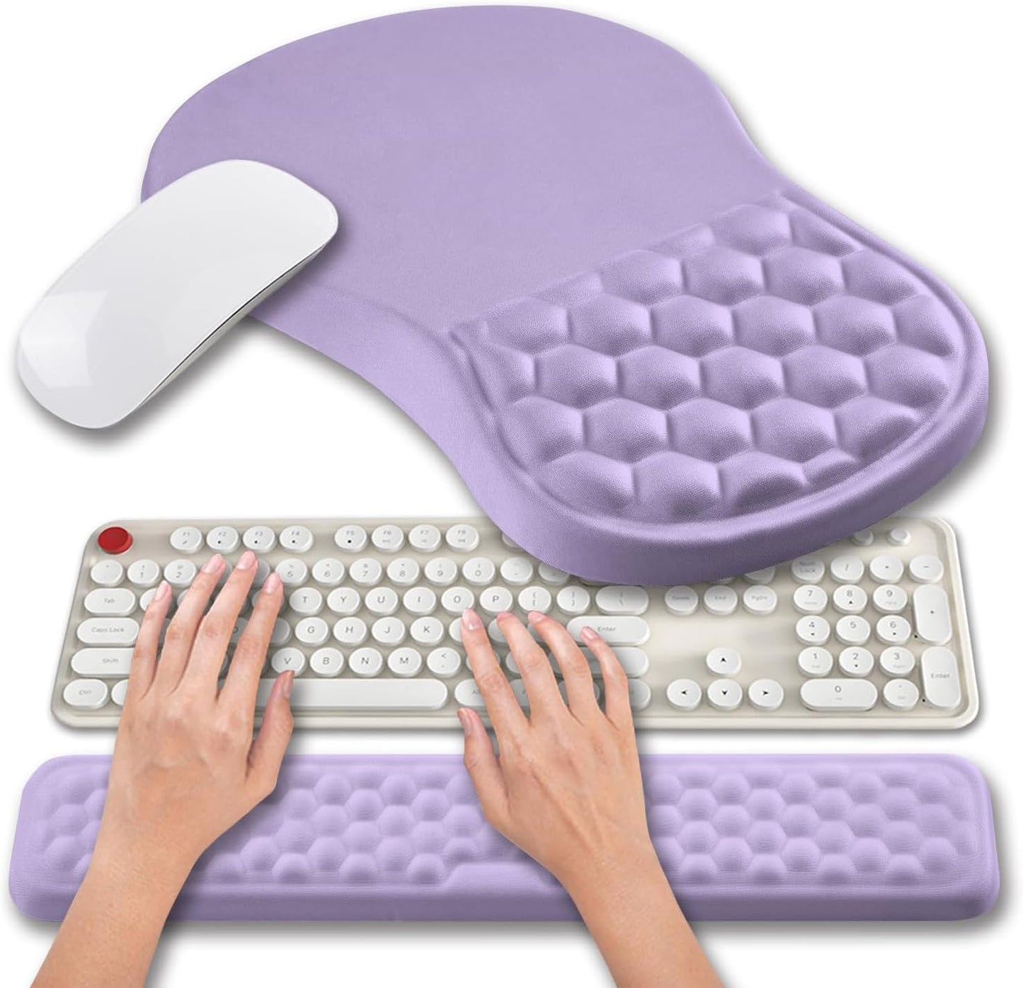 Hokafenle 2 in 1 Ergonomic Mouse Pad Wrist Support & Wrist Rest for Computer Keyboard Set, with Relieve Carpal Tunnel Pain Massage Bulge and Full Memory Gel Design (2In1 Set, Lavender)