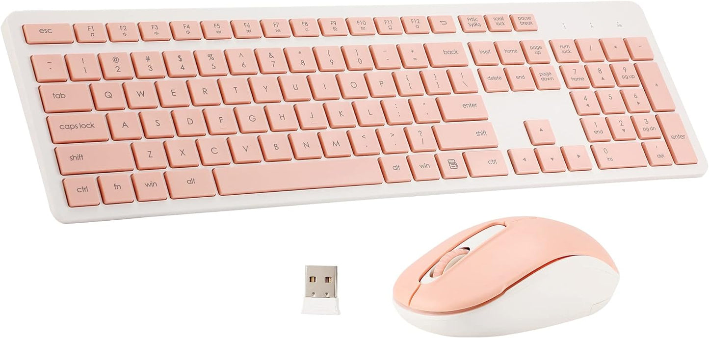Wireless Keyboard and Mouse Combo, 2.4G Silent Cordless Keyboard Mouse Combo for Windows Chrome Laptop Computer PC Desktop, 106 Keys Full Size with Number Pad, 1600 DPI Optical Mouse (Pink)